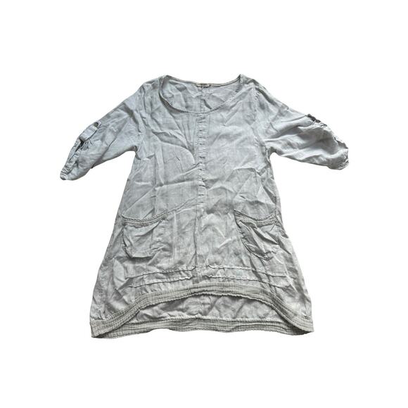 Lungo L'Arno Women's Medium 100% Linen Grey Shirt Tunic‎ Dress Gauze Trim Italy - Picture 1 of 5